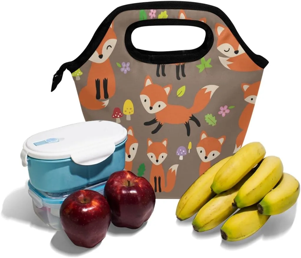 Lunch Tote Bag Cute Fox Neoprene Insulated Cooler Warmer, Portable Funny Lunchbox Handbag for Men Women Adult Kids Boys Girls