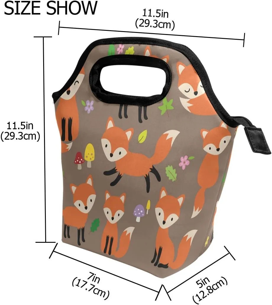 Lunch Tote Bag Cute Fox Neoprene Insulated Cooler Warmer, Portable Funny Lunchbox Handbag for Men Women Adult Kids Boys Girls