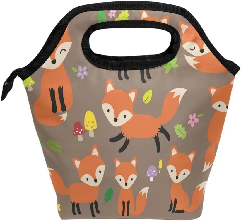 Lunch Tote Bag Cute Fox Neoprene Insulated Cooler Warmer, Portable Funny Lunchbox Handbag for Men Women Adult Kids Boys Girls