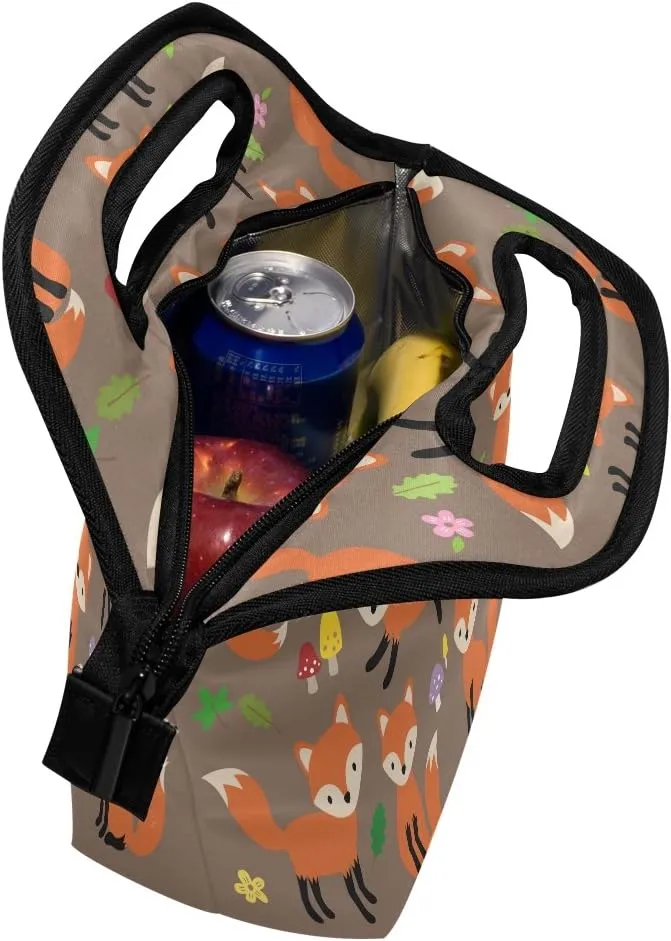 Lunch Tote Bag Cute Fox Neoprene Insulated Cooler Warmer, Portable Funny Lunchbox Handbag for Men Women Adult Kids Boys Girls