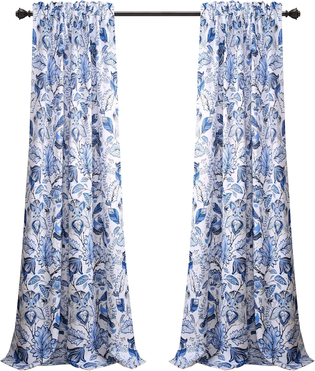 Lush Decor, Blue Cynthia Jacobean Darkening Window Curtains Set for Living, Dining Room, Bedroom, 108" L Panel Pair