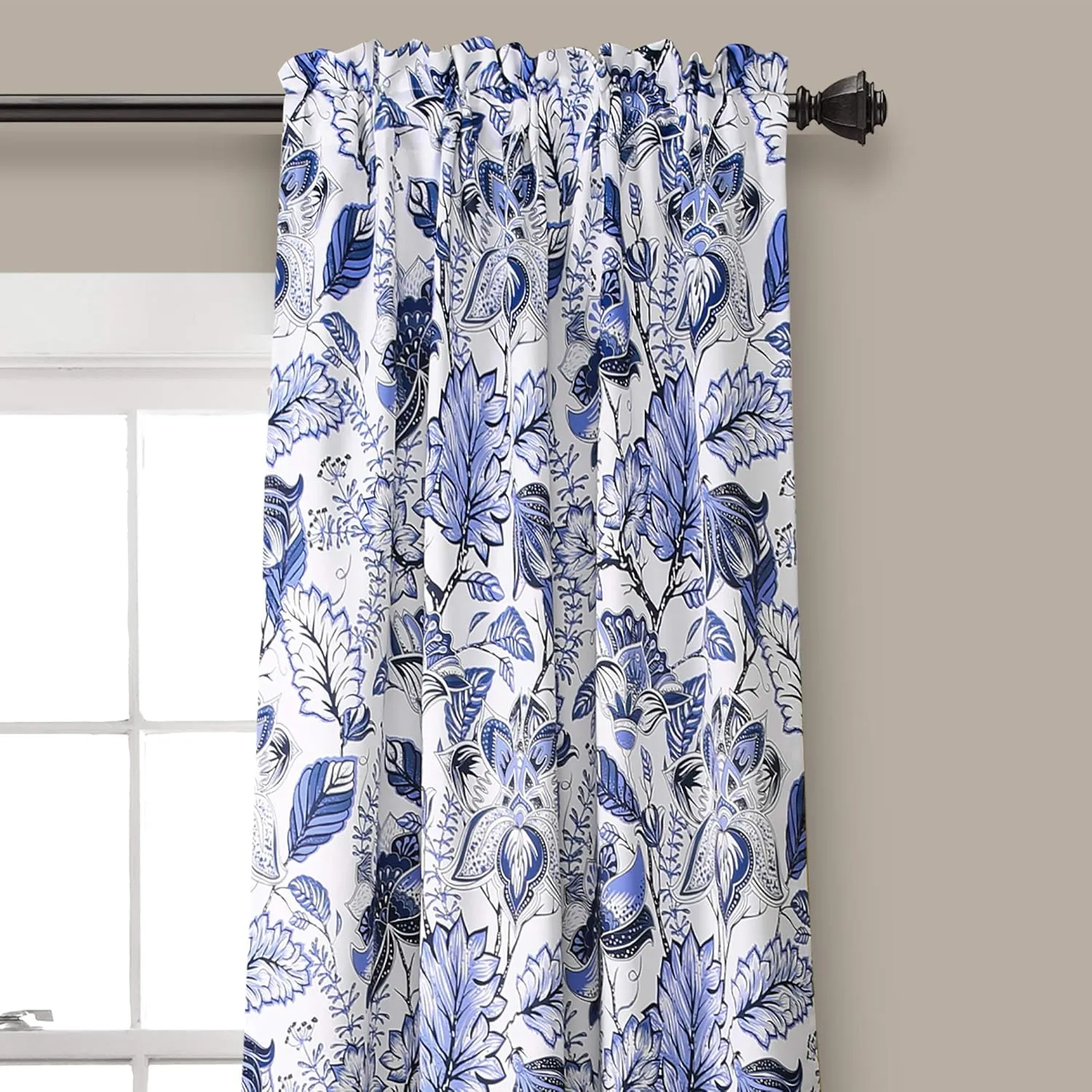 Lush Decor, Blue Cynthia Jacobean Darkening Window Curtains Set for Living, Dining Room, Bedroom, 108" L Panel Pair