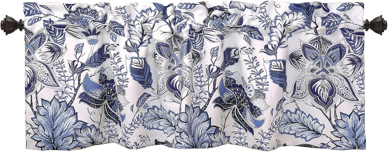 Lush Decor Cynthia Jacobean Floral Print Single Curtain, 18" L Valance, Blue