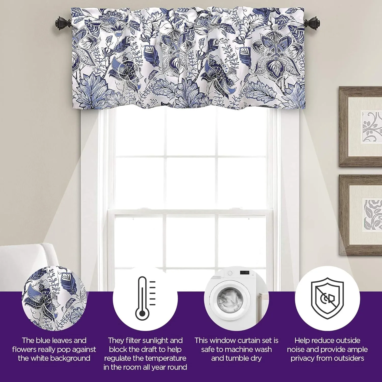 Lush Decor Cynthia Jacobean Floral Print Single Curtain, 18" L Valance, Blue