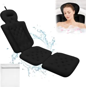 Luxury Full Body Bath Pillow for Bathtub, Bath Pillows for Tub with Mesh Laundry Bag & Non-Slip Suction Cups, Cushion for Bathtub Headrest Neck Back Support - 5D Air Mesh & Quick Drying | Black