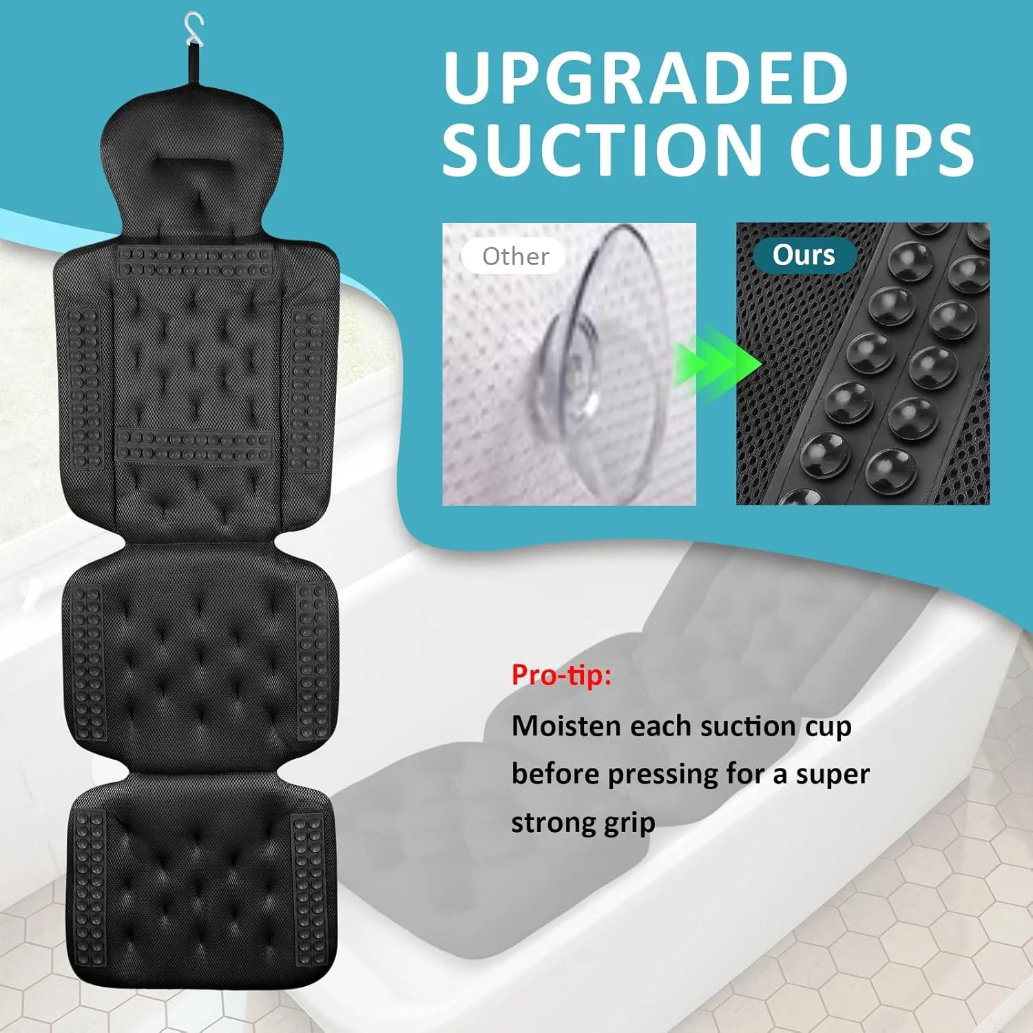 Luxury Full Body Bath Pillow for Bathtub, Bath Pillows for Tub with Mesh Laundry Bag & Non-Slip Suction Cups, Cushion for Bathtub Headrest Neck Back Support - 5D Air Mesh & Quick Drying | Black