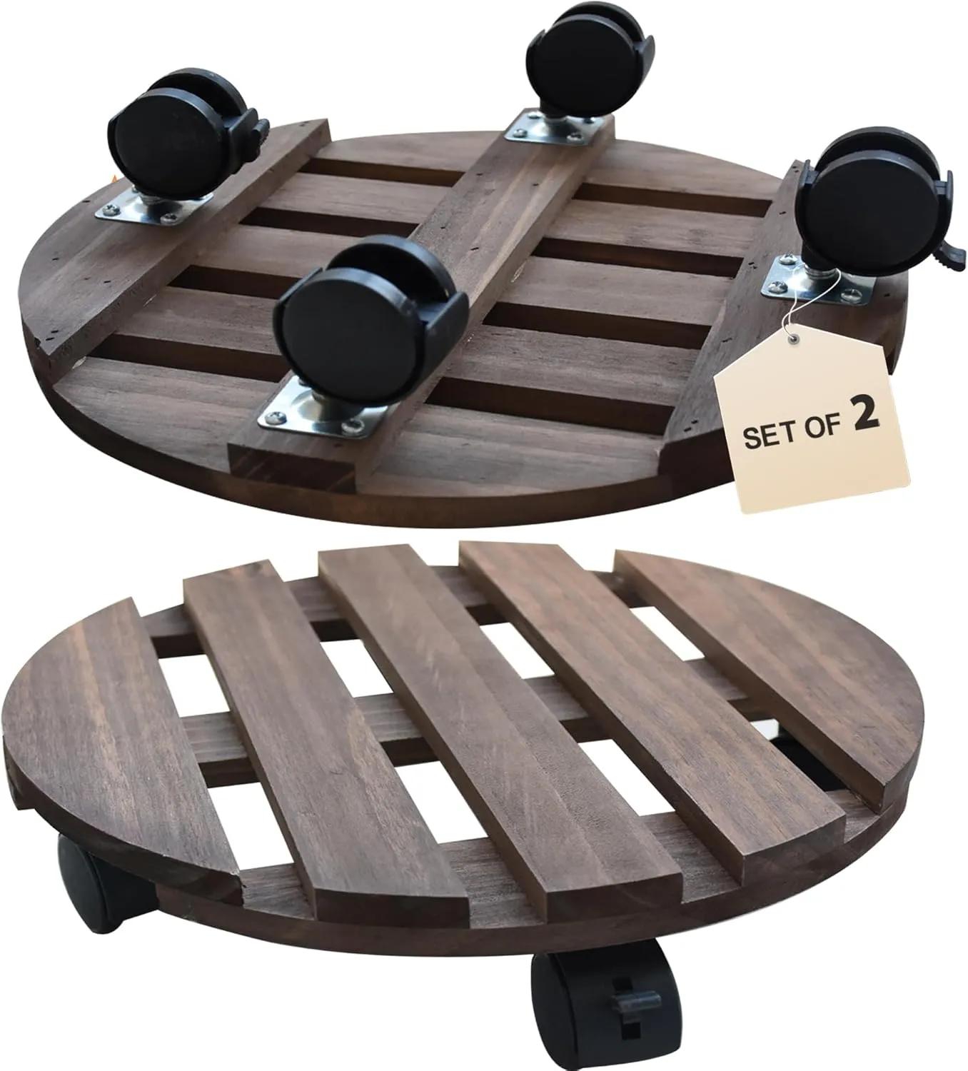 LZRS 2 Pack Wood Plant Caddy 12 Inch Plant Stand With 360° Lockable Heavy Duty Rolling Wheels Round Sturdy Design for Outdoor/Indoor Large Plant Pot/Flower Pot/Patio,Brown