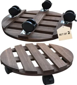 LZRS 2 Pack Wood Plant Caddy 12 Inch Plant Stand With 360° Lockable Heavy Duty Rolling Wheels Round Sturdy Design for Outdoor/Indoor Large Plant Pot/Flower Pot/Patio,Brown