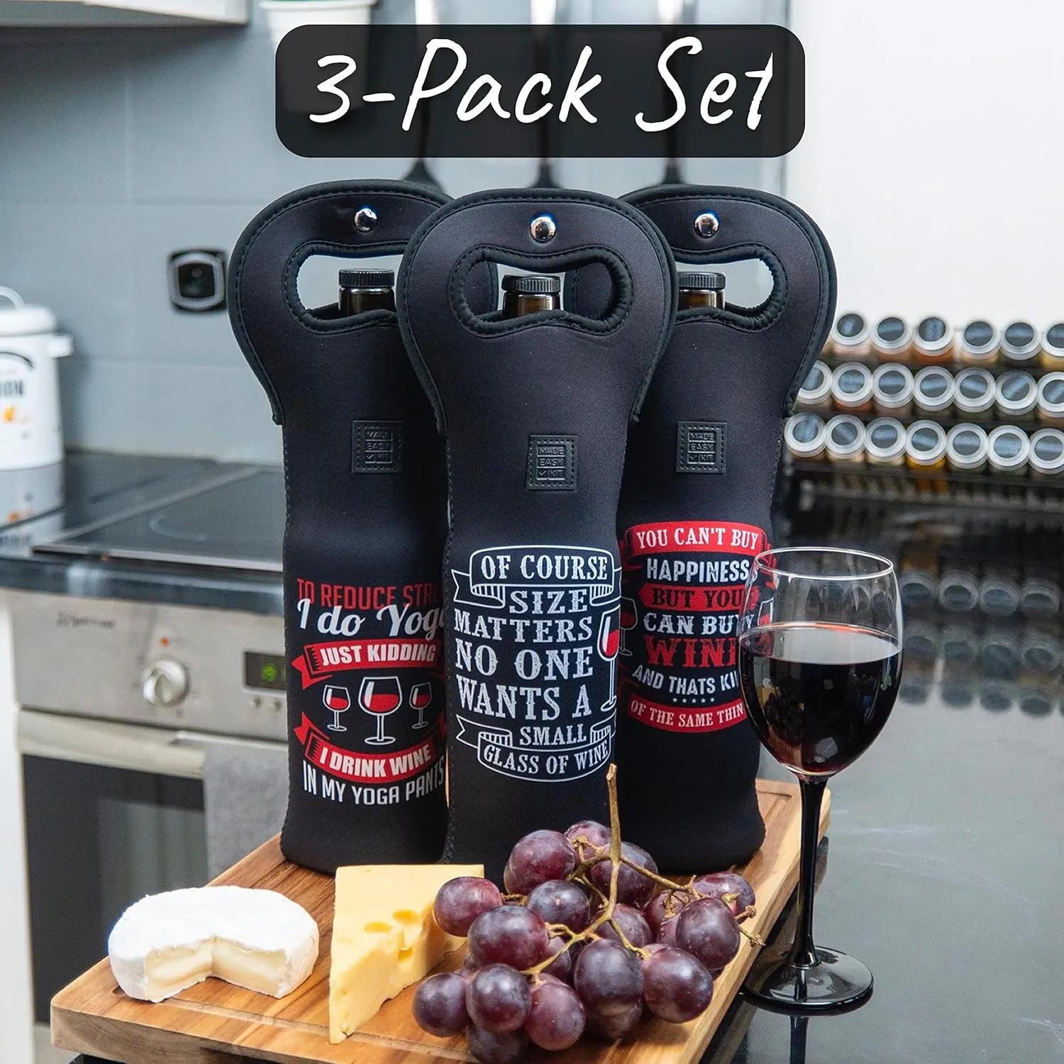 Made Easy Kit Insulated Wine Tote - Neoprene Carrier Bag with Magnetic Handle Clasp - Bottle Protective Travel Bag - Perfect for Gifting or Travel - Set of 3 (Funny Wine Lines Black)