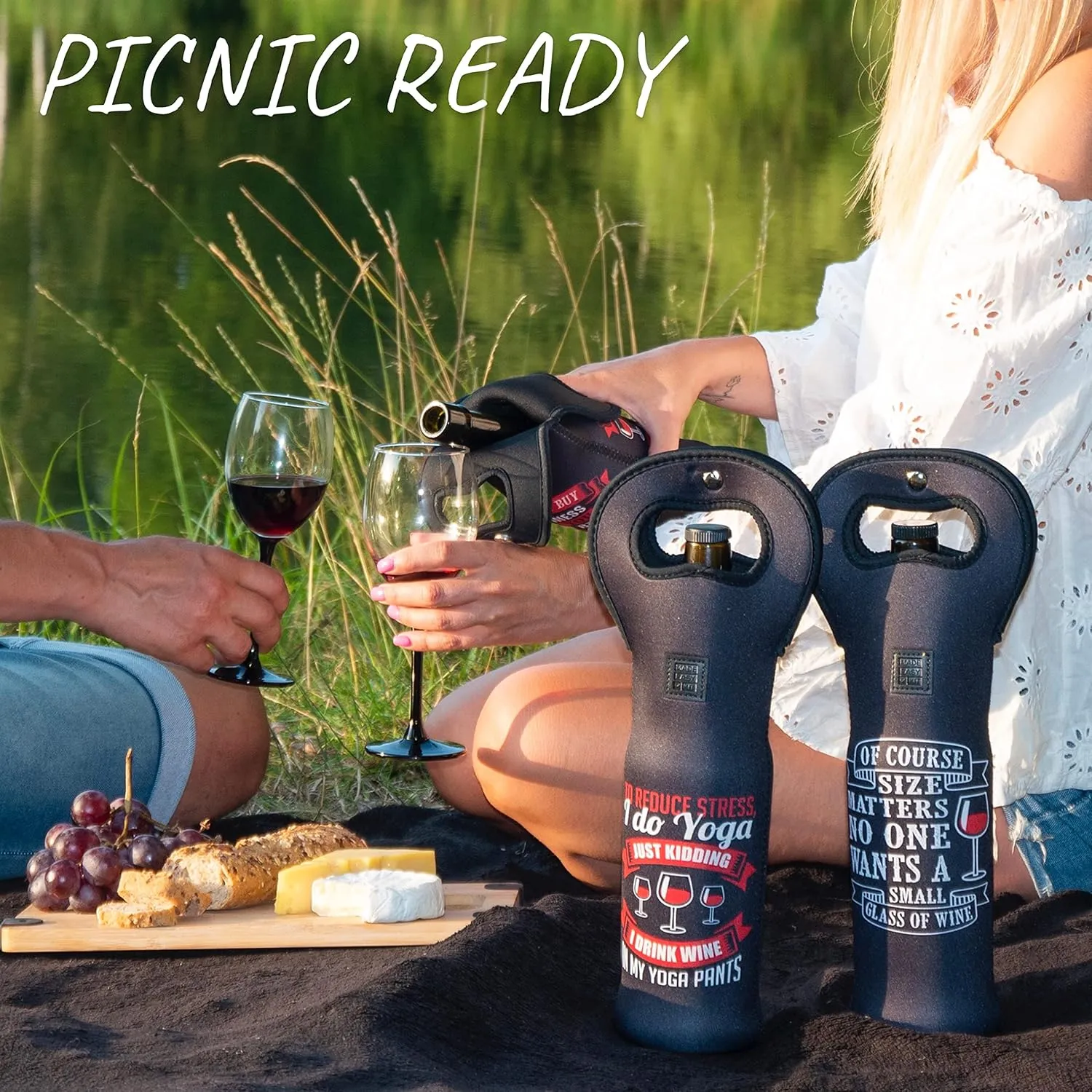 Made Easy Kit Insulated Wine Tote - Neoprene Carrier Bag with Magnetic Handle Clasp - Bottle Protective Travel Bag - Perfect for Gifting or Travel - Set of 3 (Funny Wine Lines Black)
