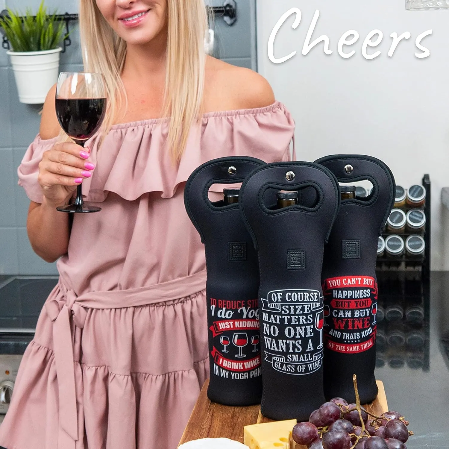 Made Easy Kit Insulated Wine Tote - Neoprene Carrier Bag with Magnetic Handle Clasp - Bottle Protective Travel Bag - Perfect for Gifting or Travel - Set of 3 (Funny Wine Lines Black)