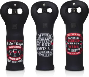 Made Easy Kit Insulated Wine Tote - Neoprene Carrier Bag with Magnetic Handle Clasp - Bottle Protective Travel Bag - Perfect for Gifting or Travel - Set of 3 (Funny Wine Lines Black)