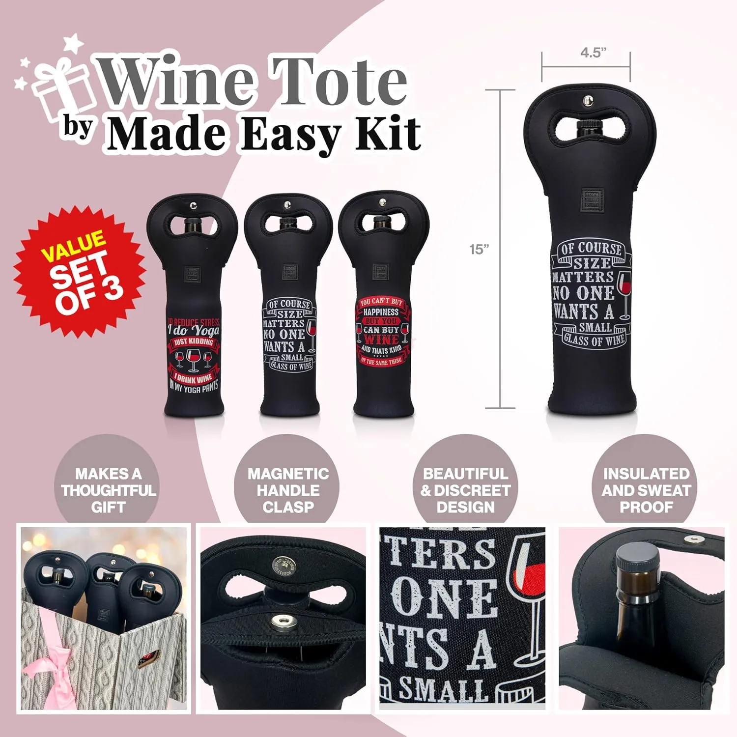 Made Easy Kit Insulated Wine Tote - Neoprene Carrier Bag with Magnetic Handle Clasp - Bottle Protective Travel Bag - Perfect for Gifting or Travel - Set of 3 (Funny Wine Lines Black)