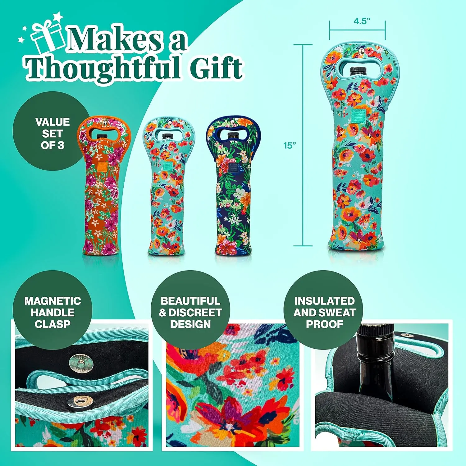 Made Easy Kit Insulated Wine Tote - Neoprene Carrier Bag with Magnetic Handle Clasp - Protective Travel Bag - Perfect for Gifting or Travel - Set of 3 (Wine Themed Designs)