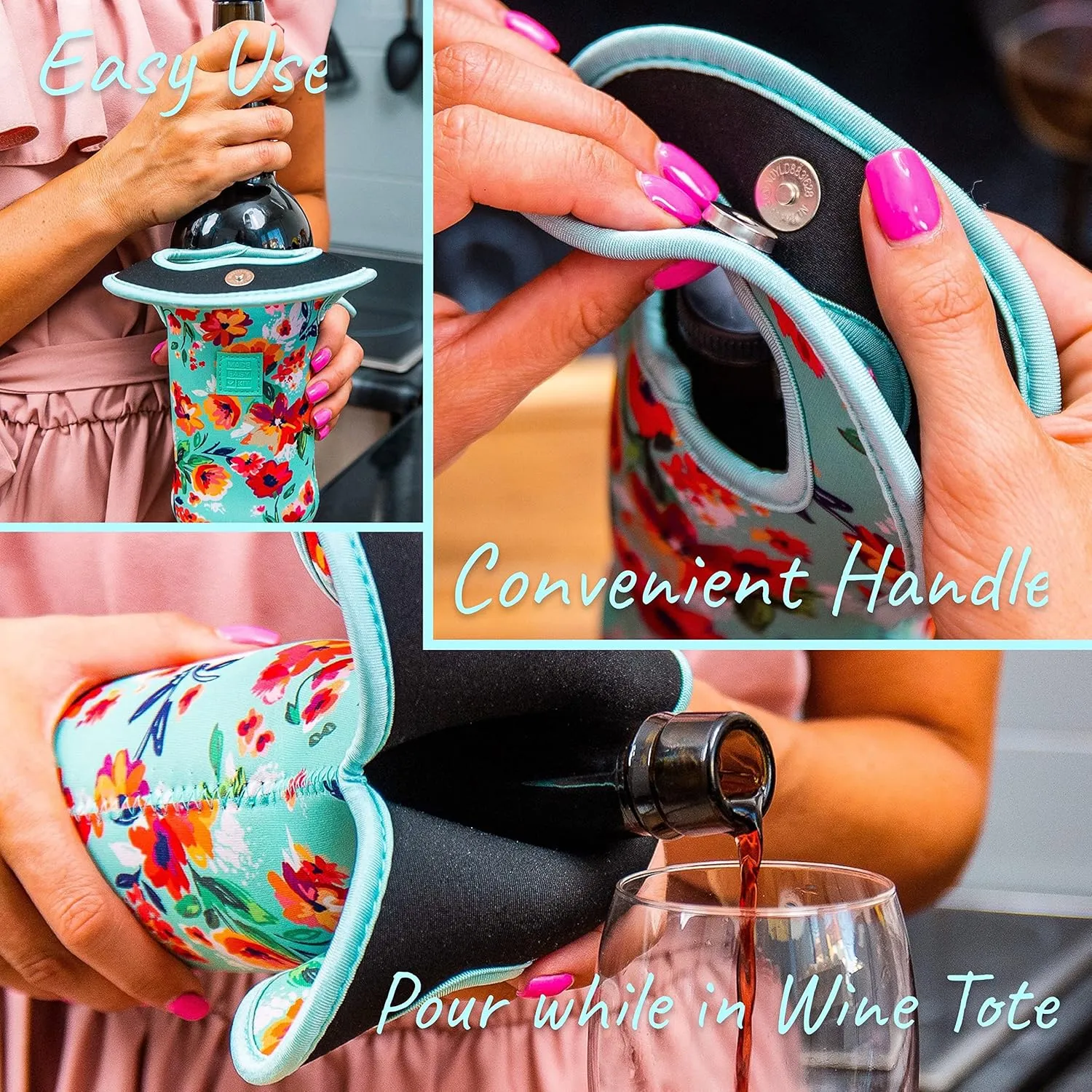 Made Easy Kit Insulated Wine Tote - Neoprene Carrier Bag with Magnetic Handle Clasp - Protective Travel Bag - Perfect for Gifting or Travel - Set of 3 (Wine Themed Designs)