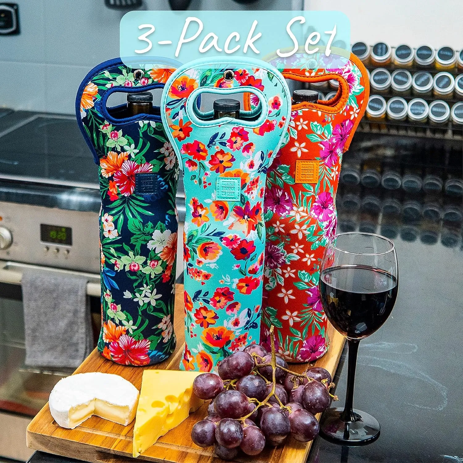 Made Easy Kit Insulated Wine Tote - Neoprene Carrier Bag with Magnetic Handle Clasp - Protective Travel Bag - Perfect for Gifting or Travel - Set of 3 (Wine Themed Designs)