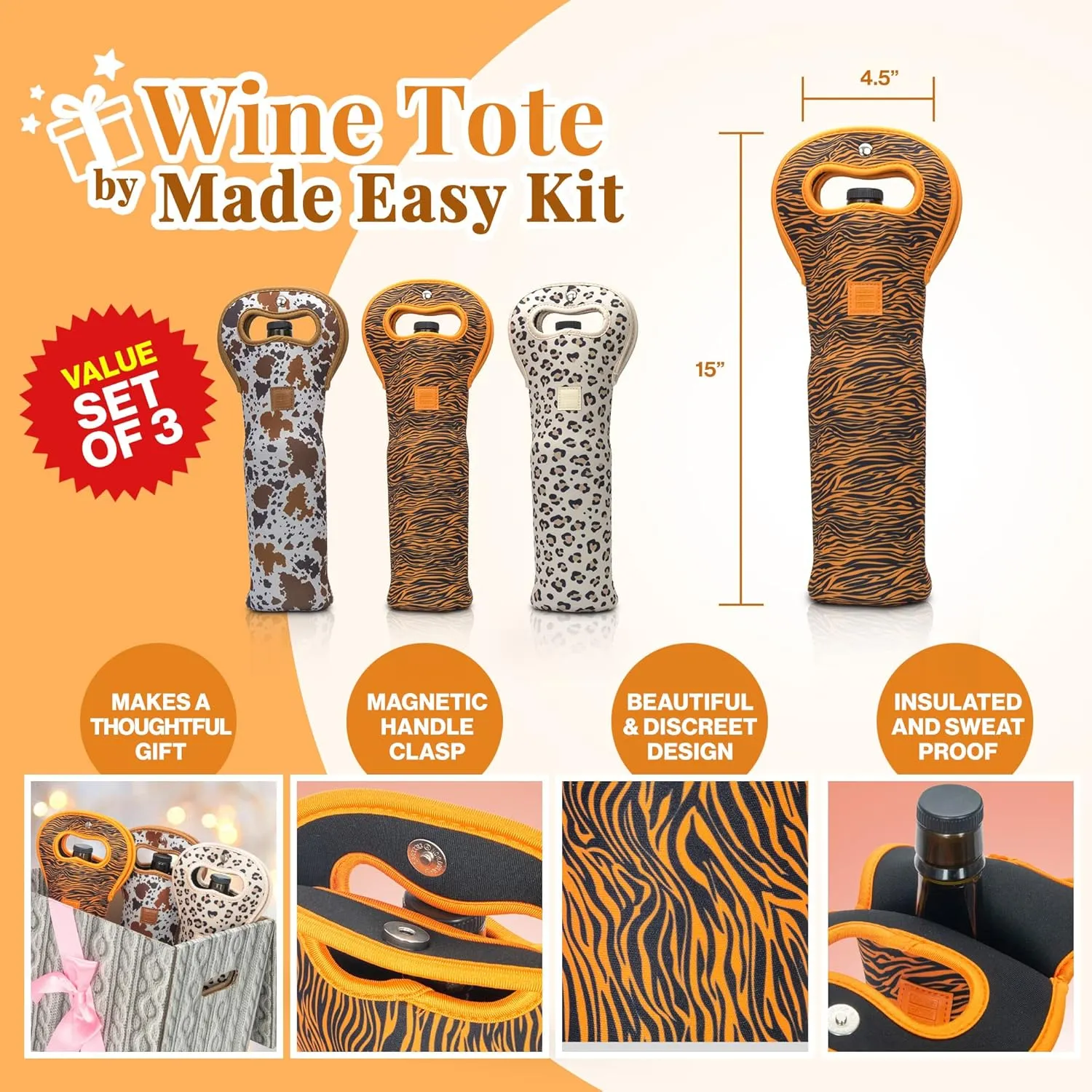 Made Easy Kit Insulated Wine Tote - Neoprene Wine Carrier Bag with Magnetic Handle Clasp - Wine Bottle Protective Travel Bag - Perfect for Gifting Travel or Gift Bag - Set of 3 (Animal Prints)
