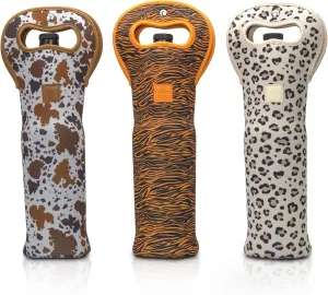 Made Easy Kit Insulated Wine Tote - Neoprene Wine Carrier Bag with Magnetic Handle Clasp - Wine Bottle Protective Travel Bag - Perfect for Gifting Travel or Gift Bag - Set of 3 (Animal Prints)