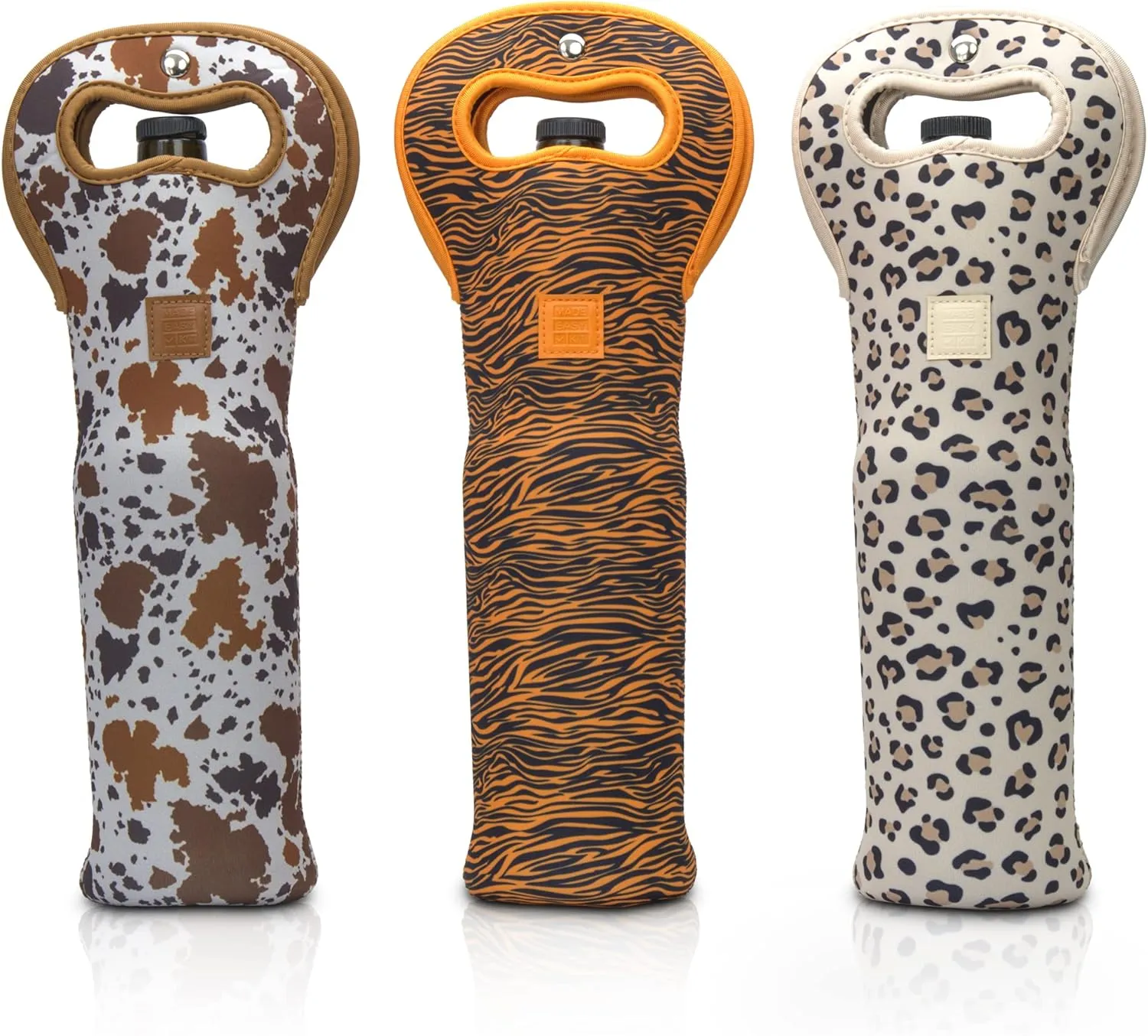 Made Easy Kit Insulated Wine Tote - Neoprene Wine Carrier Bag with Magnetic Handle Clasp - Wine Bottle Protective Travel Bag - Perfect for Gifting Travel or Gift Bag - Set of 3 (Animal Prints)
