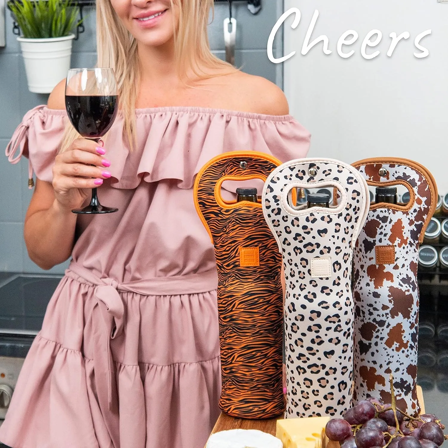 Made Easy Kit Insulated Wine Tote - Neoprene Wine Carrier Bag with Magnetic Handle Clasp - Wine Bottle Protective Travel Bag - Perfect for Gifting Travel or Gift Bag - Set of 3 (Animal Prints)