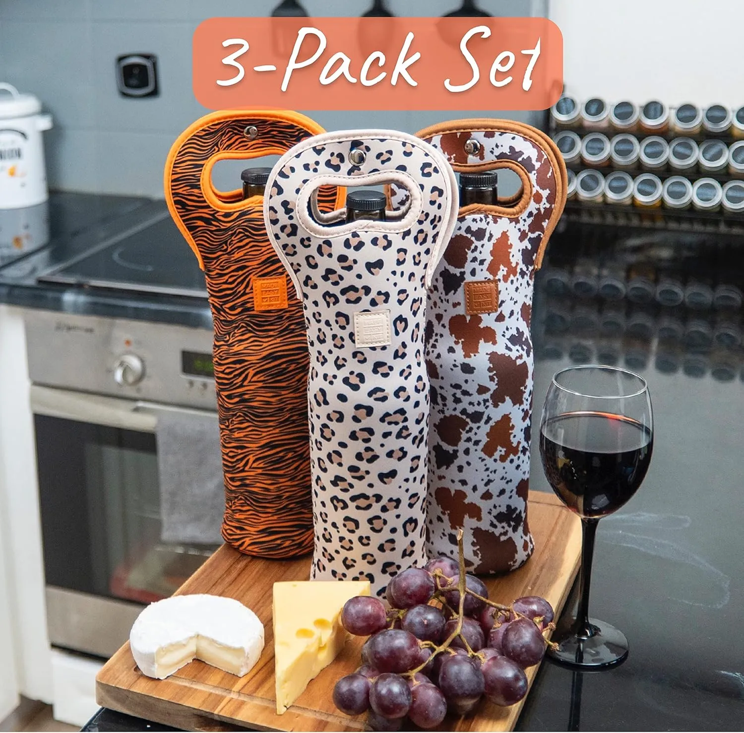 Made Easy Kit Insulated Wine Tote - Neoprene Wine Carrier Bag with Magnetic Handle Clasp - Wine Bottle Protective Travel Bag - Perfect for Gifting Travel or Gift Bag - Set of 3 (Animal Prints)