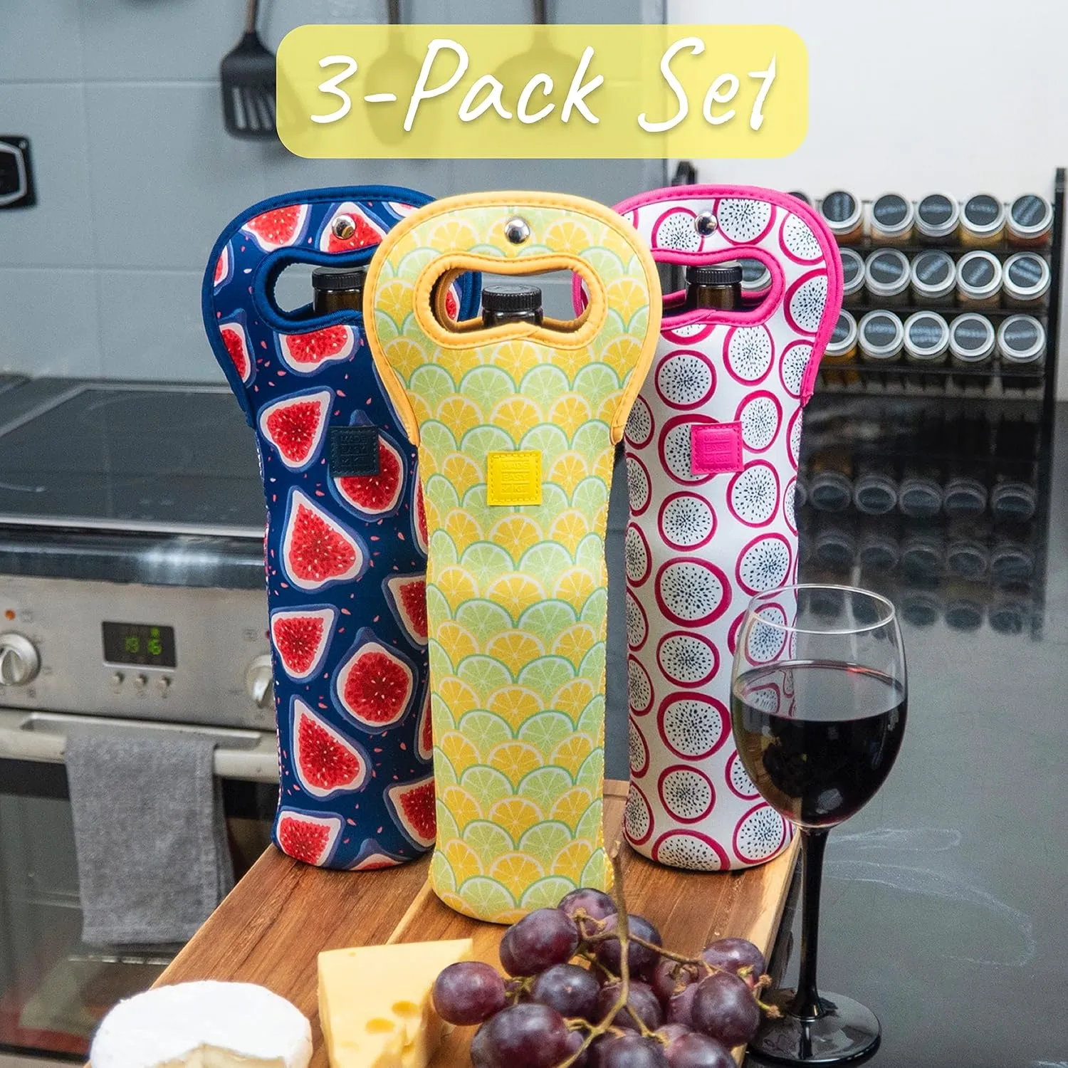 Made Easy Kit Insulated Wine Tote - Neoprene Wine Carrier Bag with Magnetic Handle Clasp - Wine Bottle Protective Travel Bag - Perfect for Gifting Travel or Gift Bag - Set of 3 (Fruits)