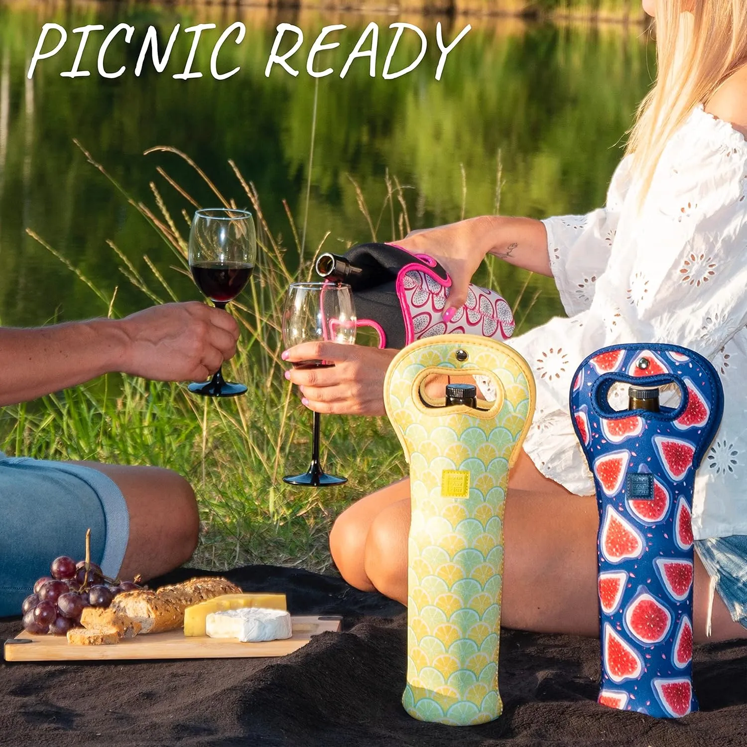 Made Easy Kit Insulated Wine Tote - Neoprene Wine Carrier Bag with Magnetic Handle Clasp - Wine Bottle Protective Travel Bag - Perfect for Gifting Travel or Gift Bag - Set of 3 (Fruits)