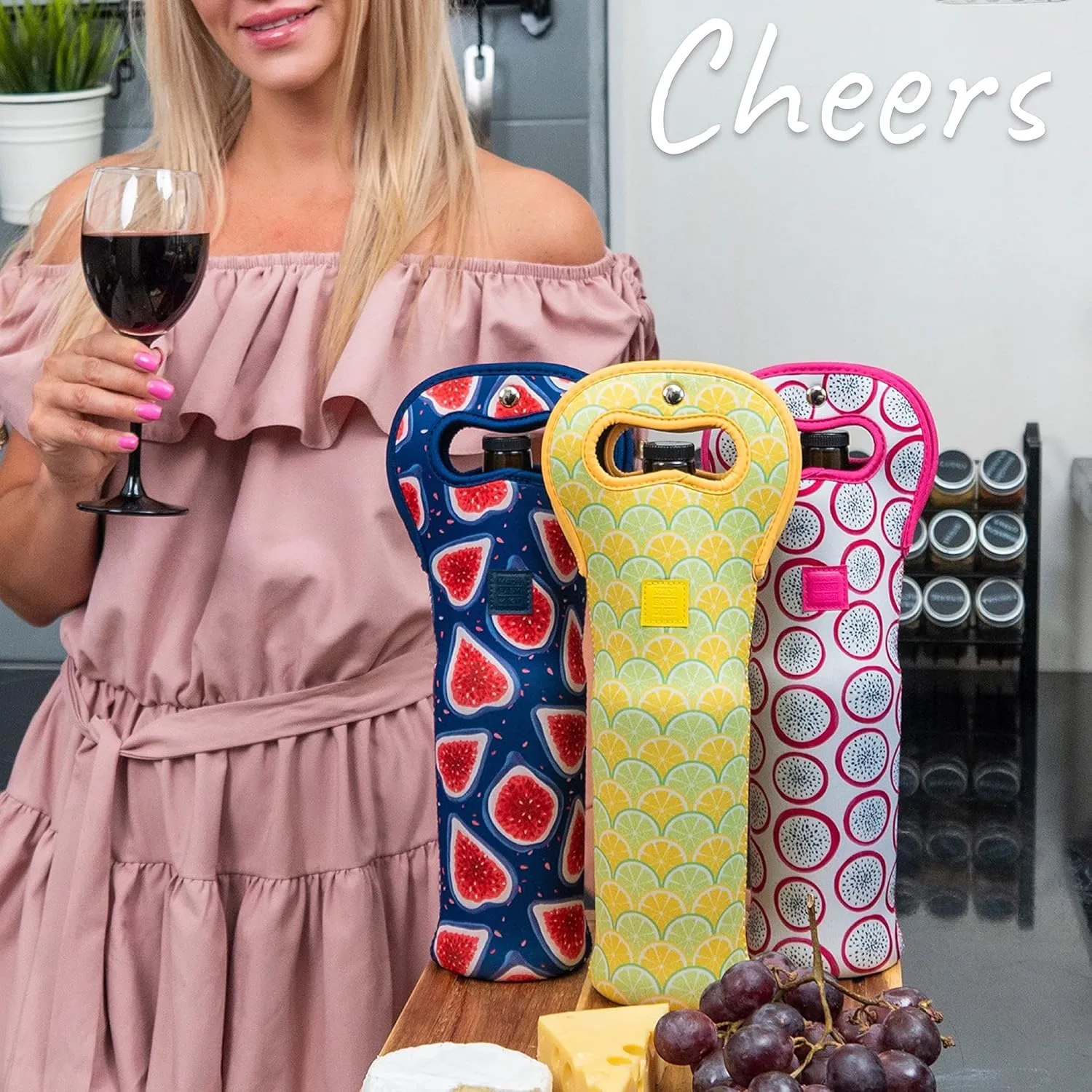 Made Easy Kit Insulated Wine Tote - Neoprene Wine Carrier Bag with Magnetic Handle Clasp - Wine Bottle Protective Travel Bag - Perfect for Gifting Travel or Gift Bag - Set of 3 (Fruits)
