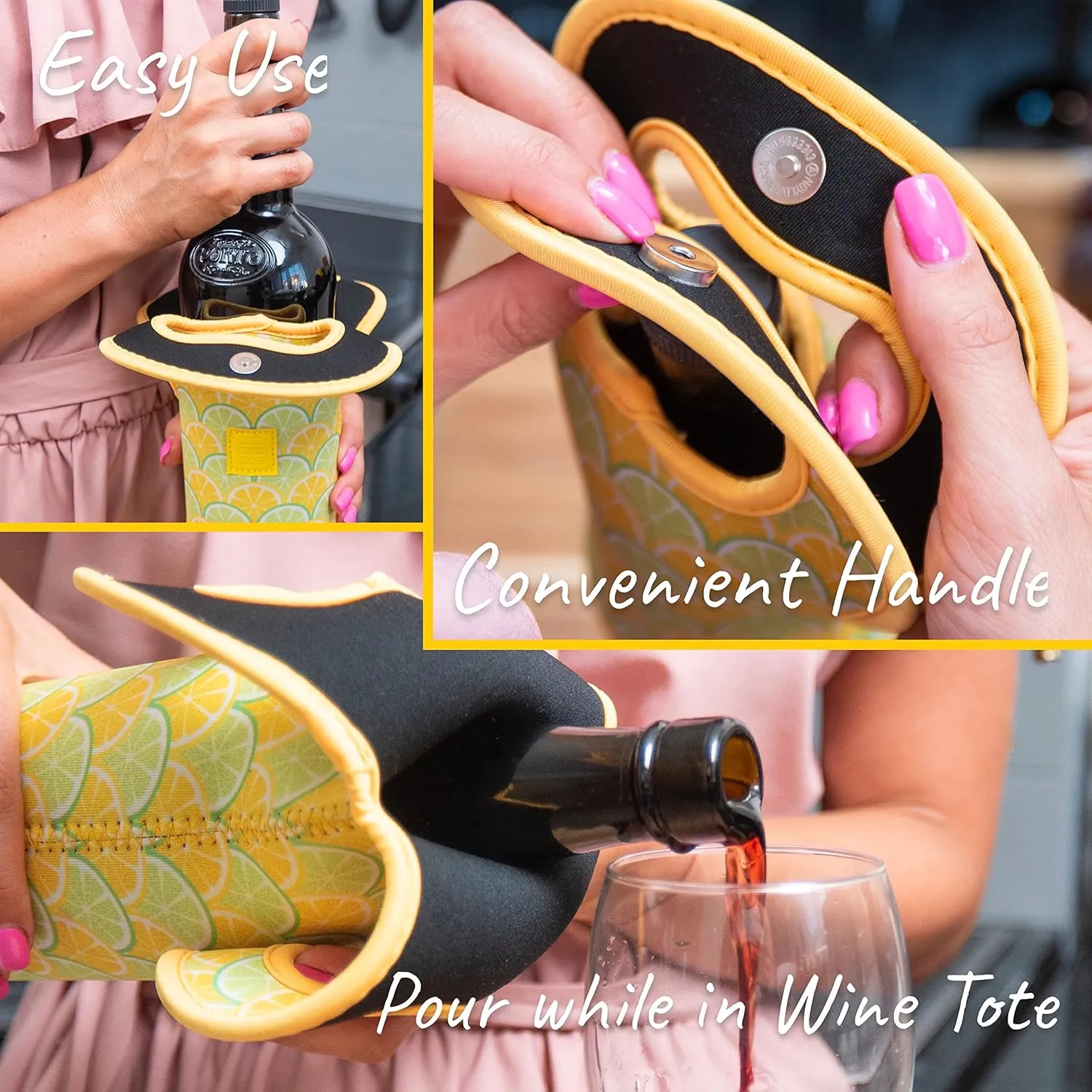 Made Easy Kit Insulated Wine Tote - Neoprene Wine Carrier Bag with Magnetic Handle Clasp - Wine Bottle Protective Travel Bag - Perfect for Gifting Travel or Gift Bag - Set of 3 (Fruits)