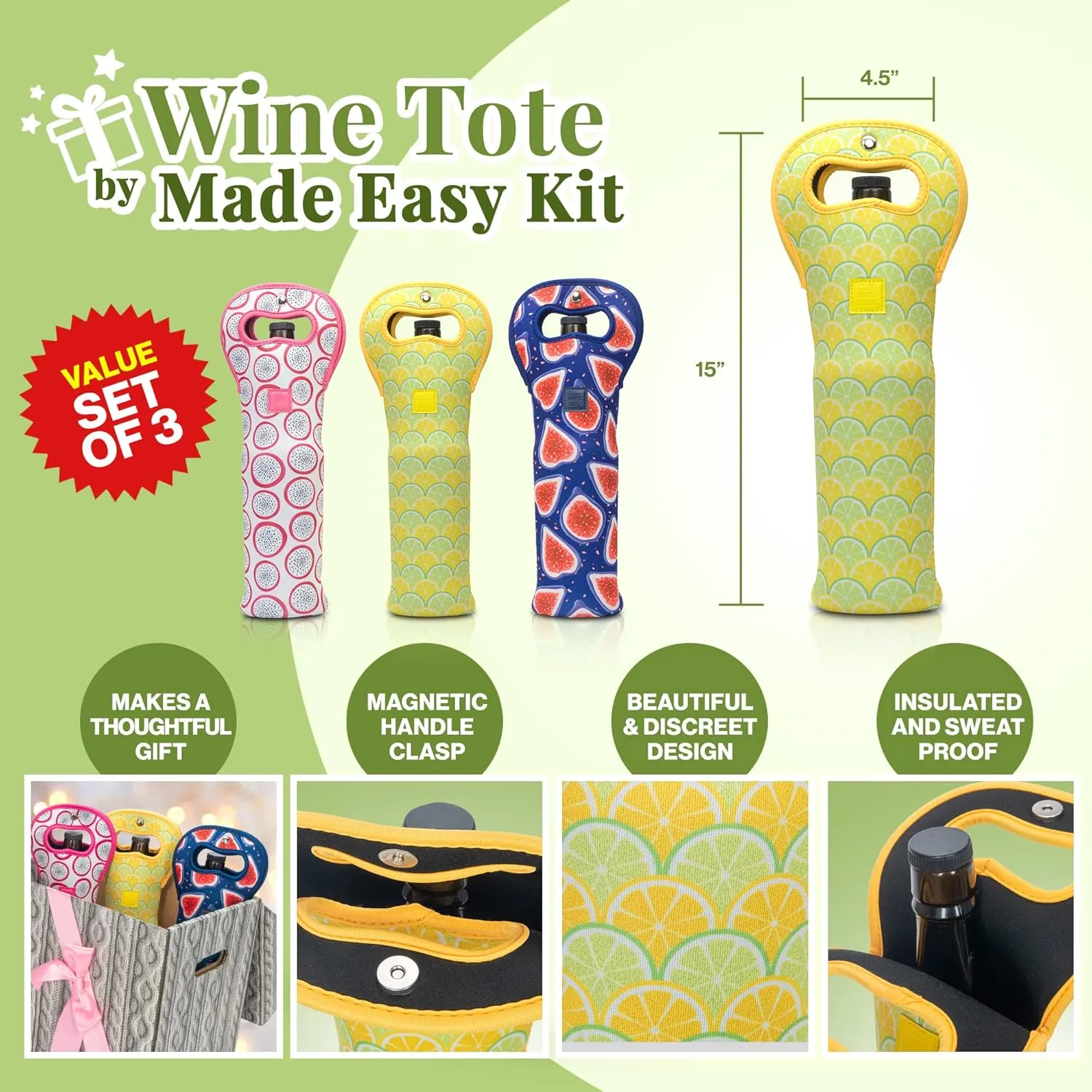 Made Easy Kit Insulated Wine Tote - Neoprene Wine Carrier Bag with Magnetic Handle Clasp - Wine Bottle Protective Travel Bag - Perfect for Gifting Travel or Gift Bag - Set of 3 (Fruits)