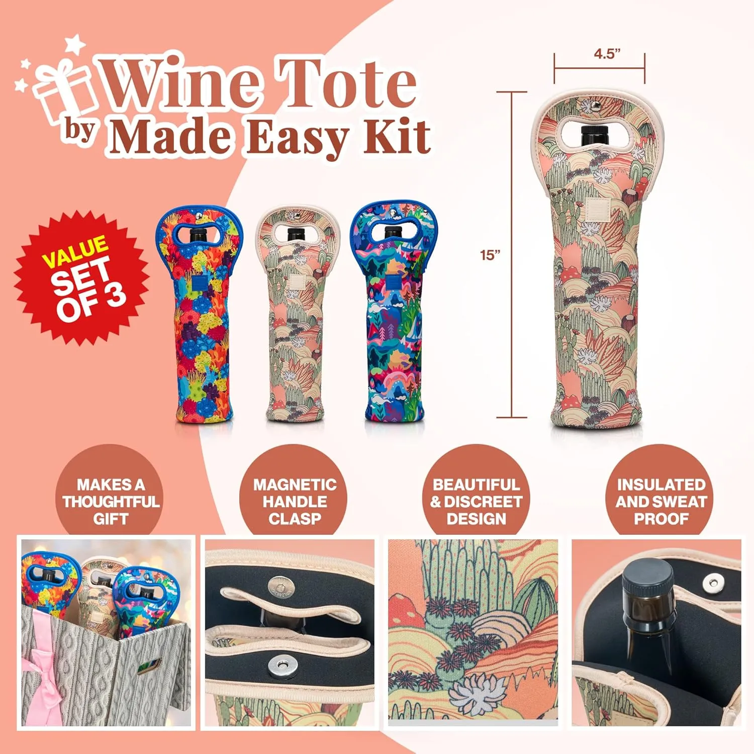 Made Easy Kit Insulated Wine Tote - Neoprene Wine Carrier Bag with Magnetic Handle Clasp - Wine Bottle Protective Travel Bag - Perfect for Gifting Travel or Gift Bag - Set of 3 (Landscapes)