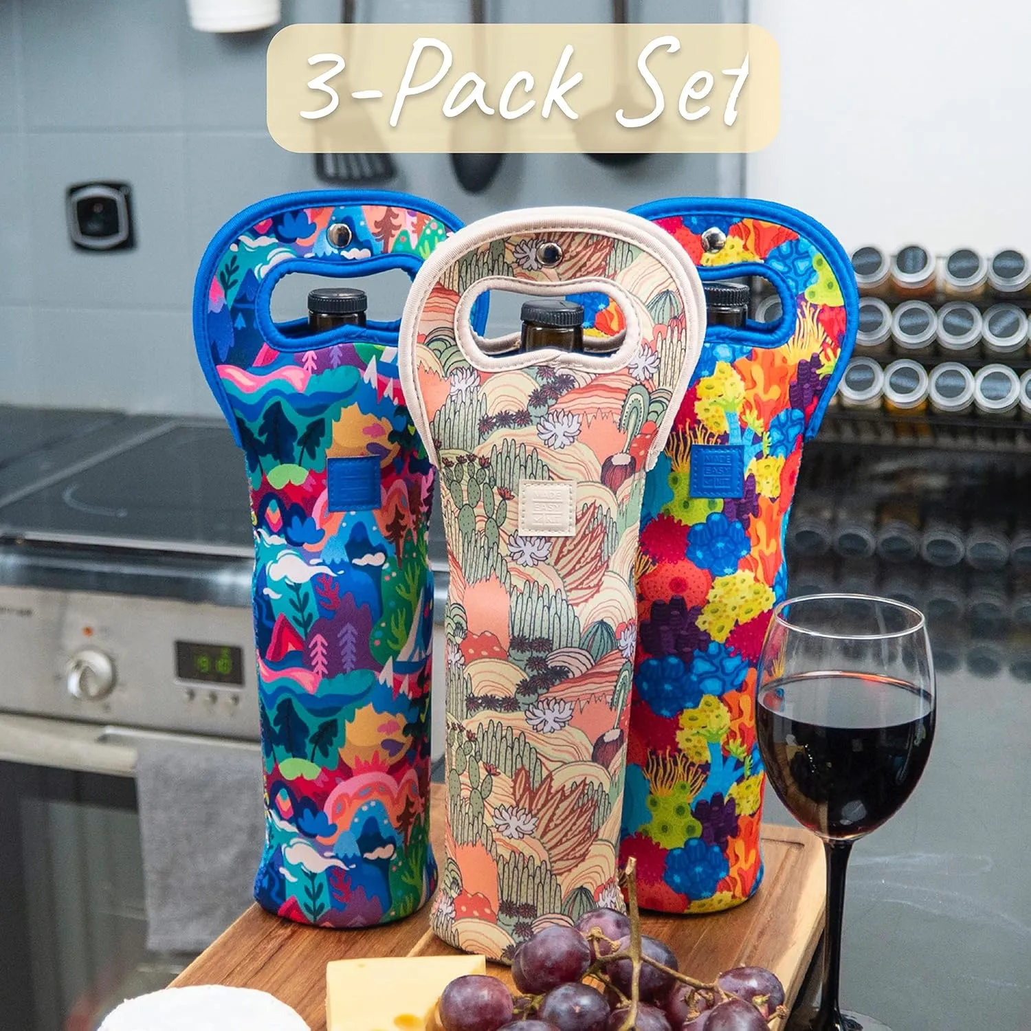 Made Easy Kit Insulated Wine Tote - Neoprene Wine Carrier Bag with Magnetic Handle Clasp - Wine Bottle Protective Travel Bag - Perfect for Gifting Travel or Gift Bag - Set of 3 (Landscapes)