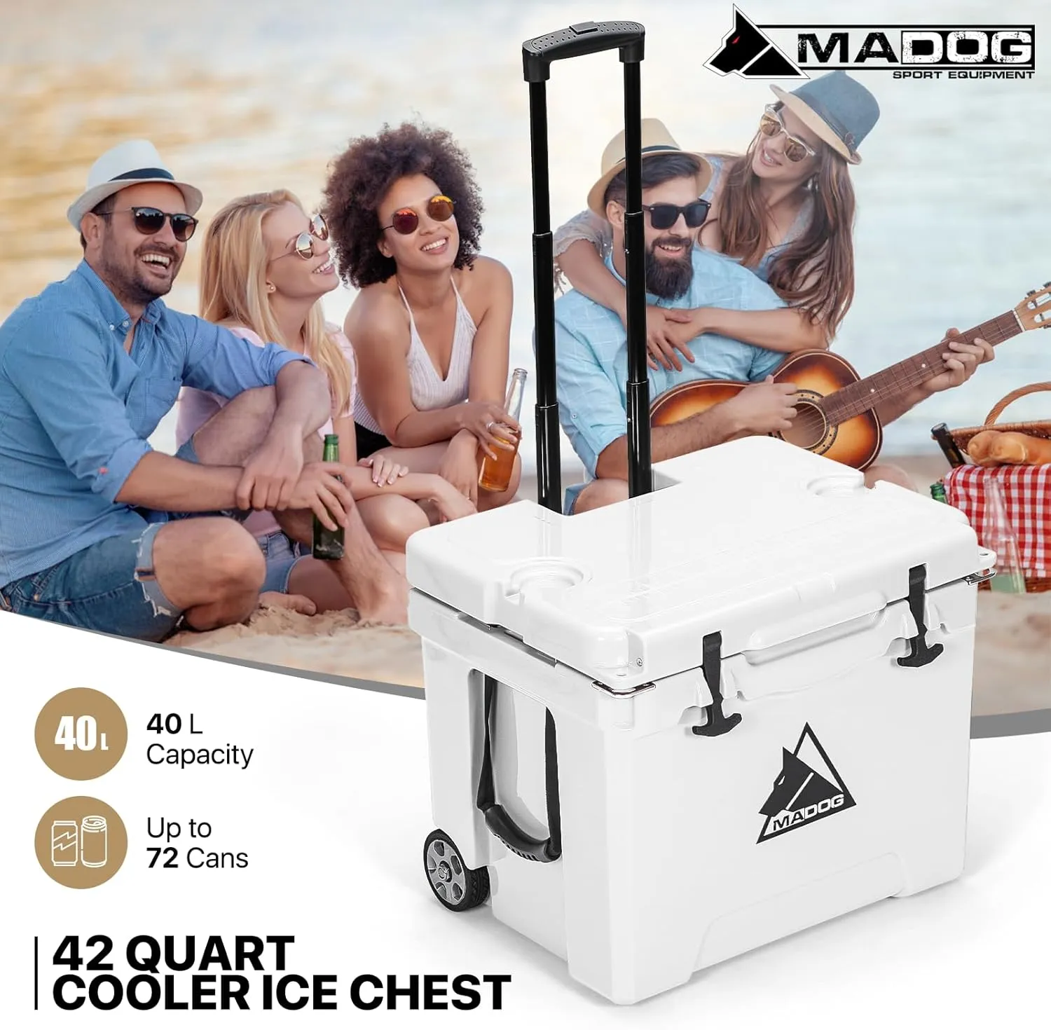 MADOG Cooler with Wheels, Leak-Proof Rolling Hard Cooler for 5-7 Days Ice Retention, LLDPE Wheeled Coolers, Adjustable Length Handle, for Fishing, Camping, Boating and Traveling