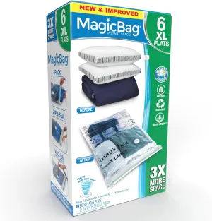 MagicBag Smart Design Instant Space Saver Storage - Flat Extra Large - Set of 6 Bags Total - Airtight Double Zipper - Vacuum Seal - Clothing, Pillows - Home Organization