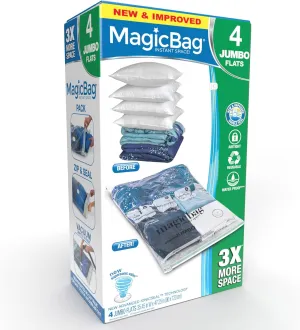 MagicBag Smart Design Instant Space Saver Storage - Flat Jumbo - Set of 4 Bags Total - Airtight Double Zipper - Vacuum Seal - Clothing, Pillows - Home Organization