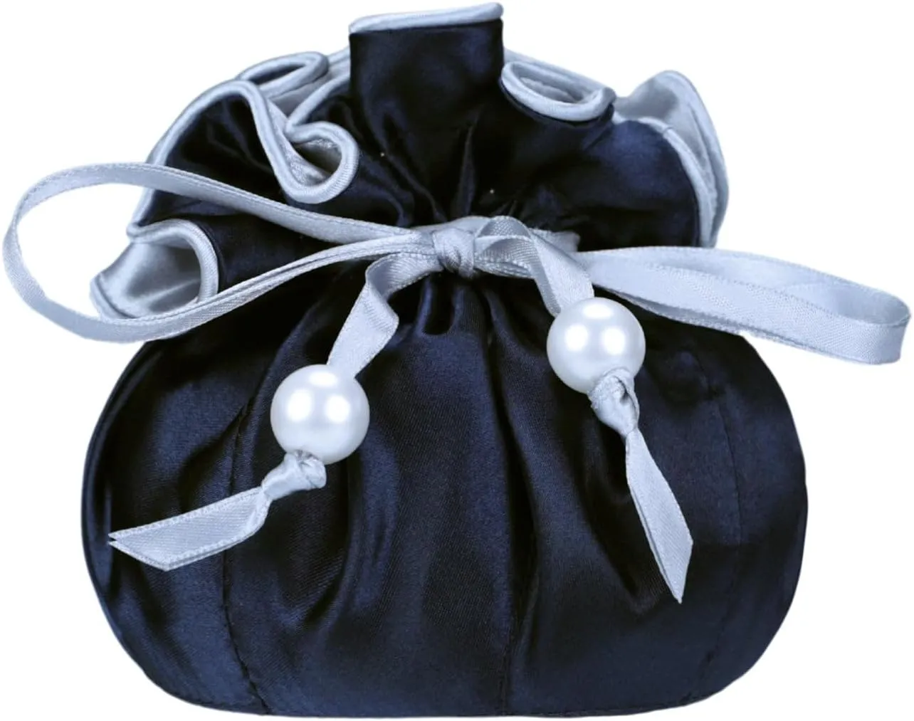 Marisa D'Amico Drawstring Premium Satin Jewelry Pouch with 8 Interior Pockets, Dark Blue   Silver