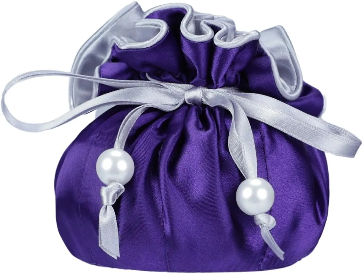 Marisa D'Amico Drawstring Premium Satin Jewelry Pouch with 8 Interior Pockets, Purple   Silver