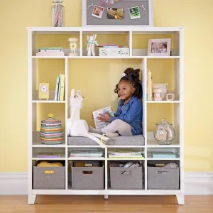 Martha Stewart Kids' Storage System - Creamy White: Wood Bookshelf Cubby with Seat Cushion, Shelves and Storage Bins; Reading Nook Bookcase and Kids Room Storage Bench