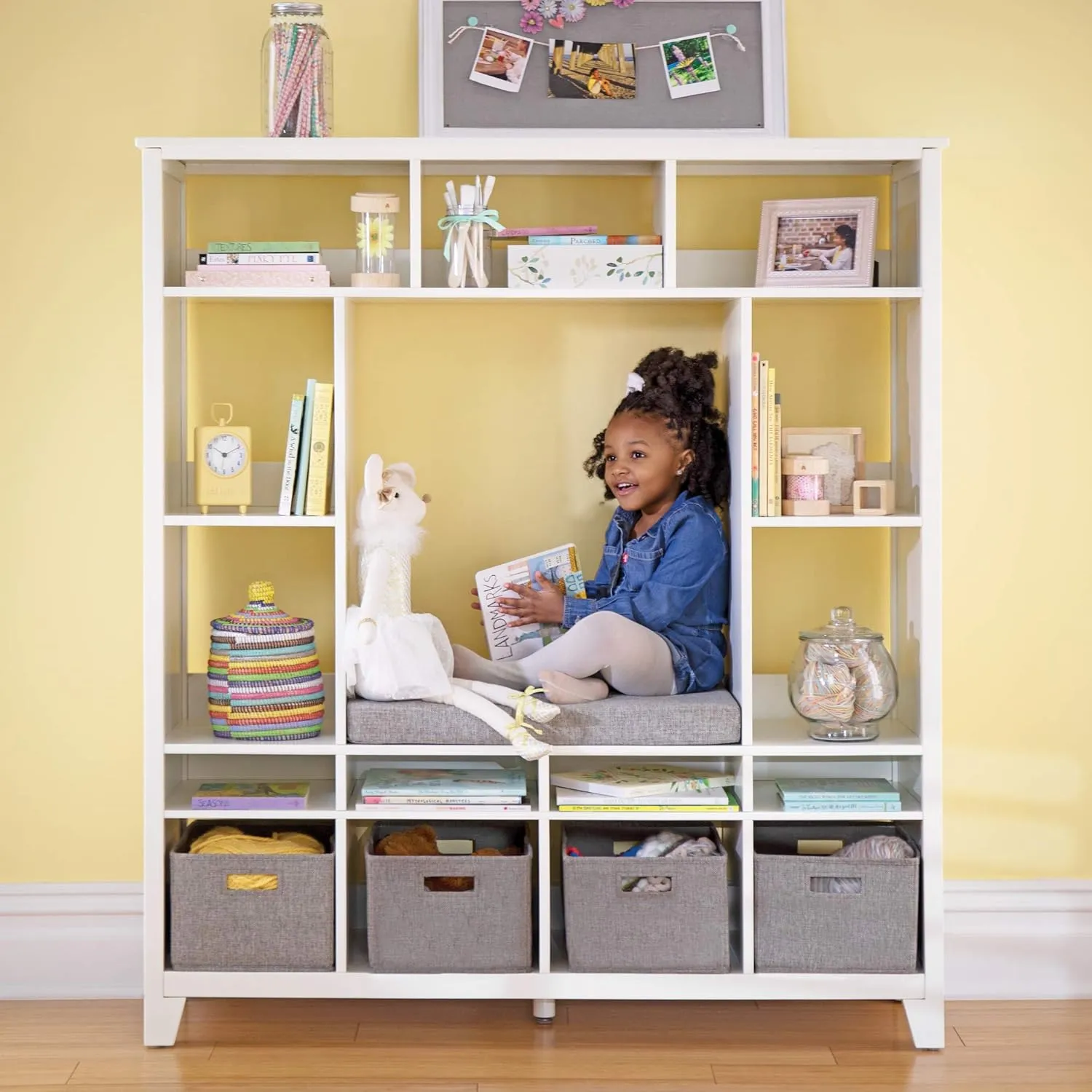 Martha Stewart Kids' Storage System - Creamy White: Wood Bookshelf Cubby with Seat Cushion, Shelves and Storage Bins; Reading Nook Bookcase and Kids Room Storage Bench