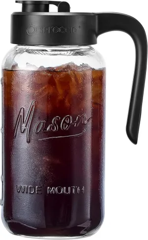 Mason Jar Pitcher - Airtight & Leakproof Glass Pitcher with Lid, Perfect for Breastmilk, Cold Brew, and Sun Tea, 2 Quart (64 oz) Mason Jar with Pour Spout Lid