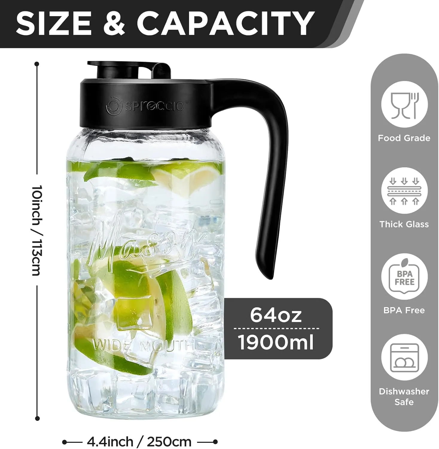 Mason Jar Pitcher - Airtight & Leakproof Glass Pitcher with Lid, Perfect for Breastmilk, Cold Brew, and Sun Tea, 2 Quart (64 oz) Mason Jar with Pour Spout Lid