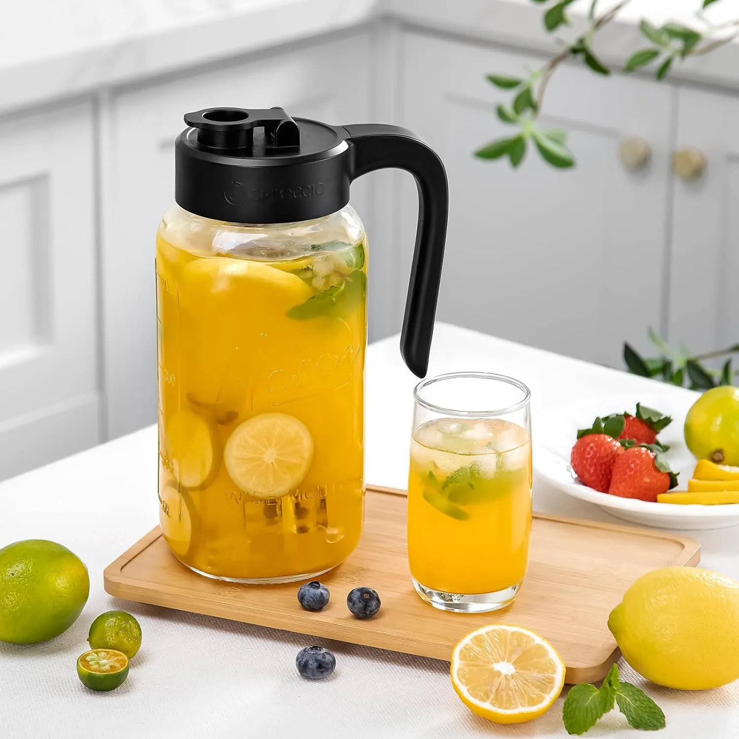 Mason Jar Pitcher - Airtight & Leakproof Glass Pitcher with Lid, Perfect for Breastmilk, Cold Brew, and Sun Tea, 2 Quart (64 oz) Mason Jar with Pour Spout Lid