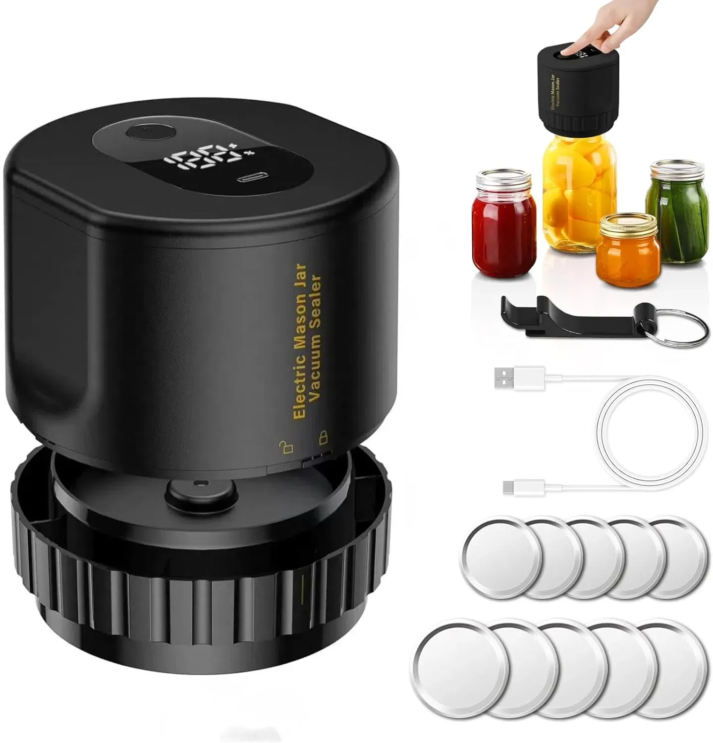 Mason jar Vacuum Sealer, Electric Mason Jar Vacuum Sealer Kit for Wide Mouth & Regular Mouth Mason Jars,for Food Storage and Fermentation (Black)