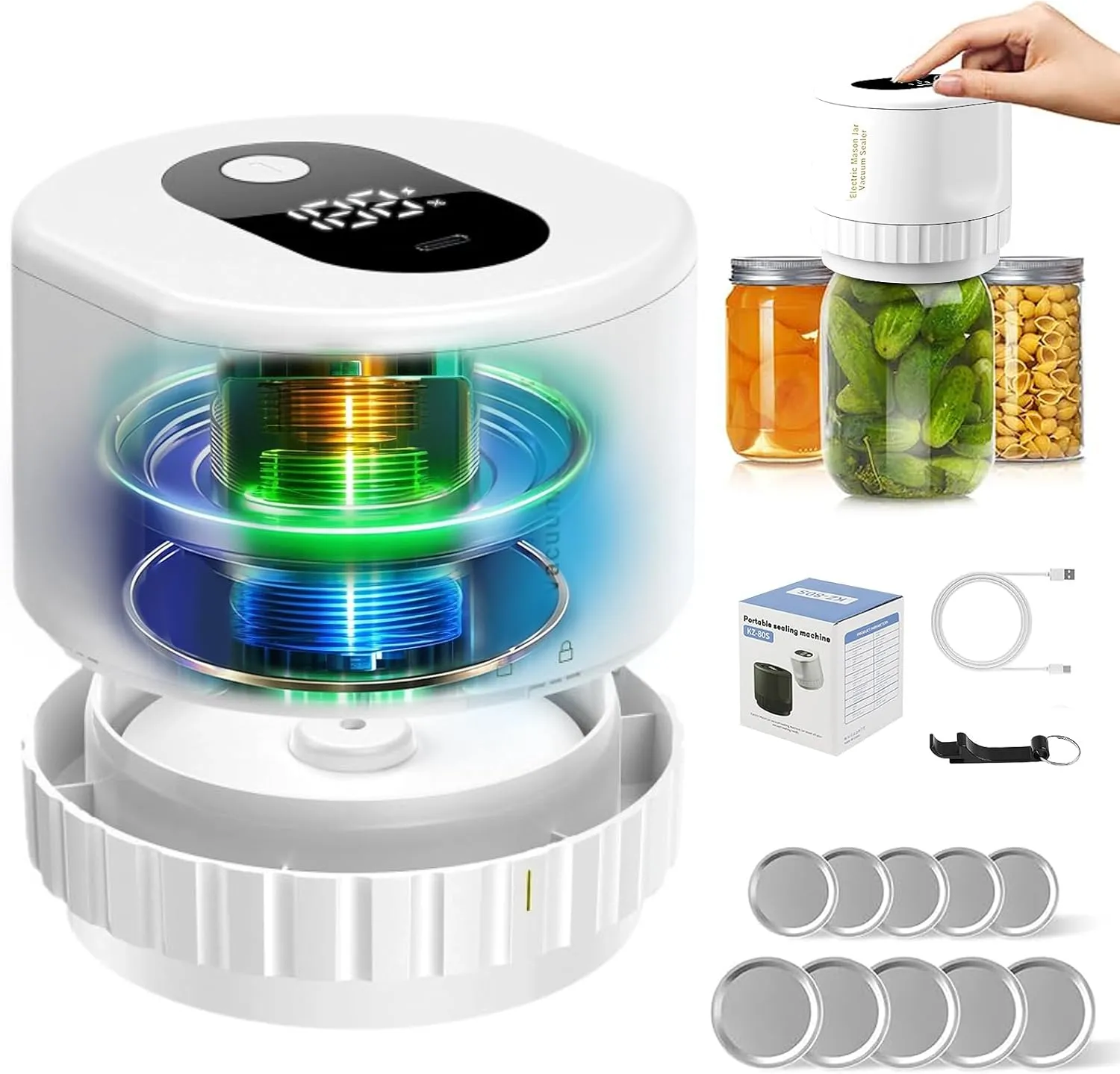 Mason Jar Vacuum Sealer Kit Can Sealer Machine for Mason Jars With Wide and Regular Mouth Lids Kitchen Must Haves (white, 80S)