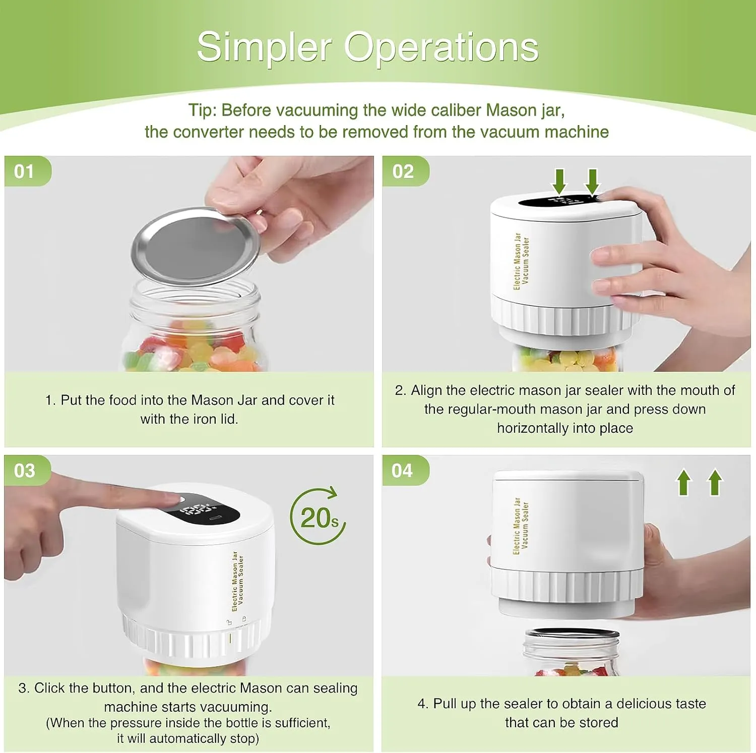 Mason Jar Vacuum Sealer Kit Can Sealer Machine for Mason Jars With Wide and Regular Mouth Lids Kitchen Must Haves (white, 80S)