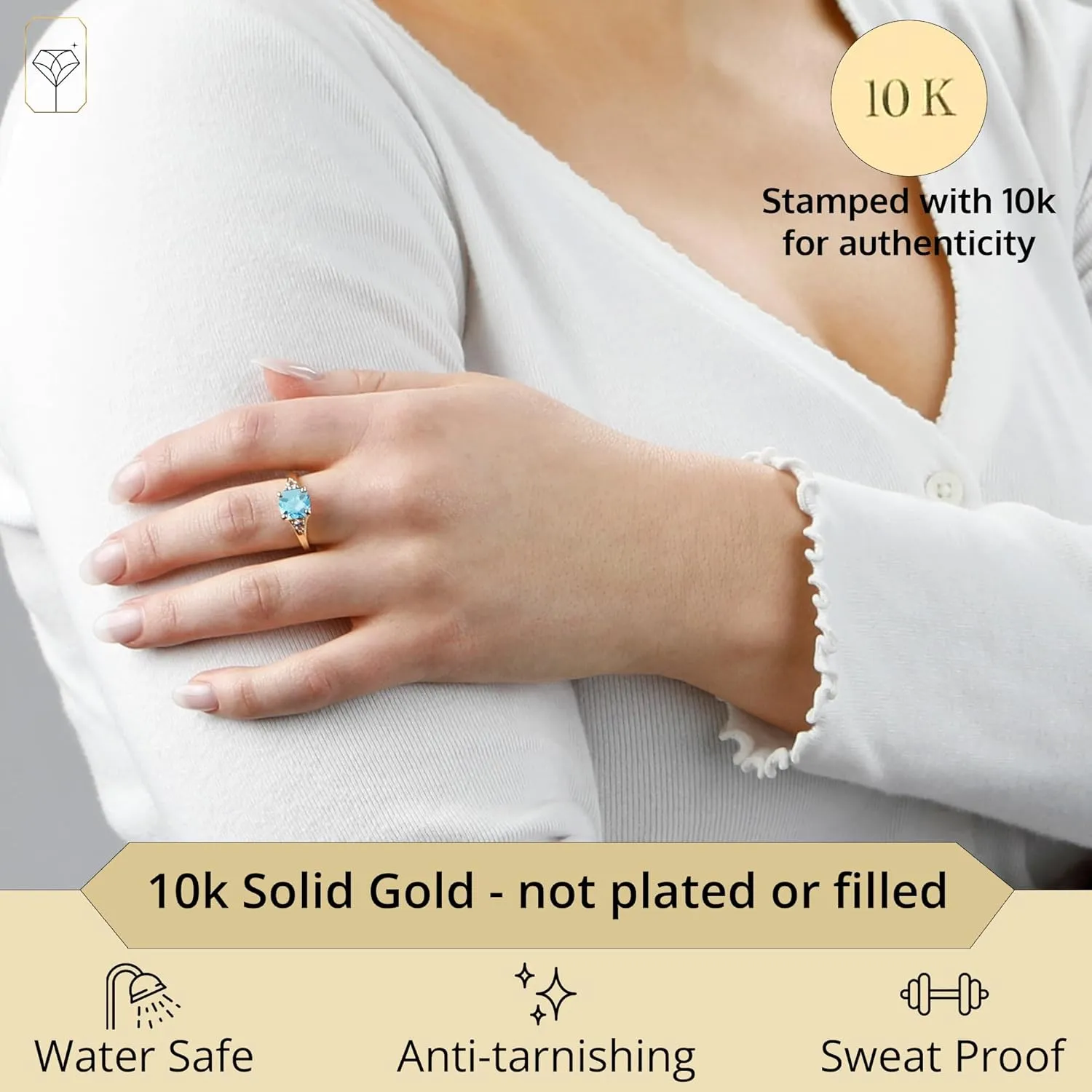 MAX   STONE 10k Gold Gemstone Rings for Women | Cushion Cut Three Stone Ring | Anti Tarnishing Birthstone Rings | Cocktail Ring with Gift Box in Size 5 to 9