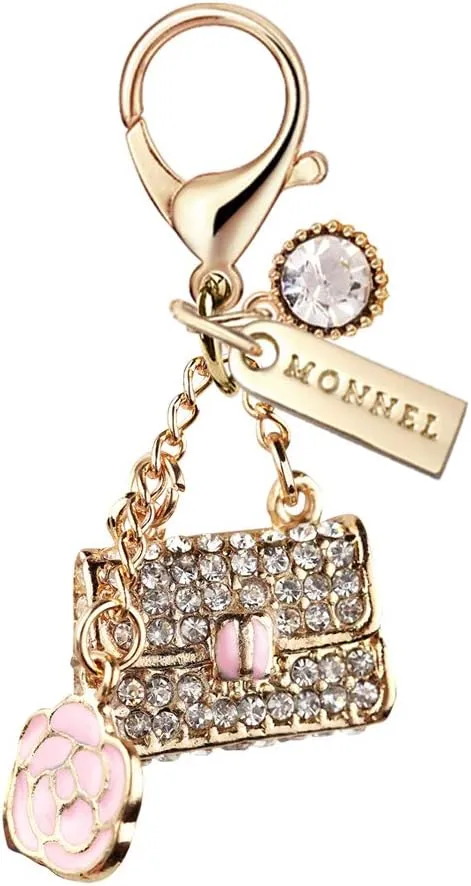MC99 Crystal Handbag Lobster Clasp Charm Pendant with Pouch Bag (Golden, 1 piece)