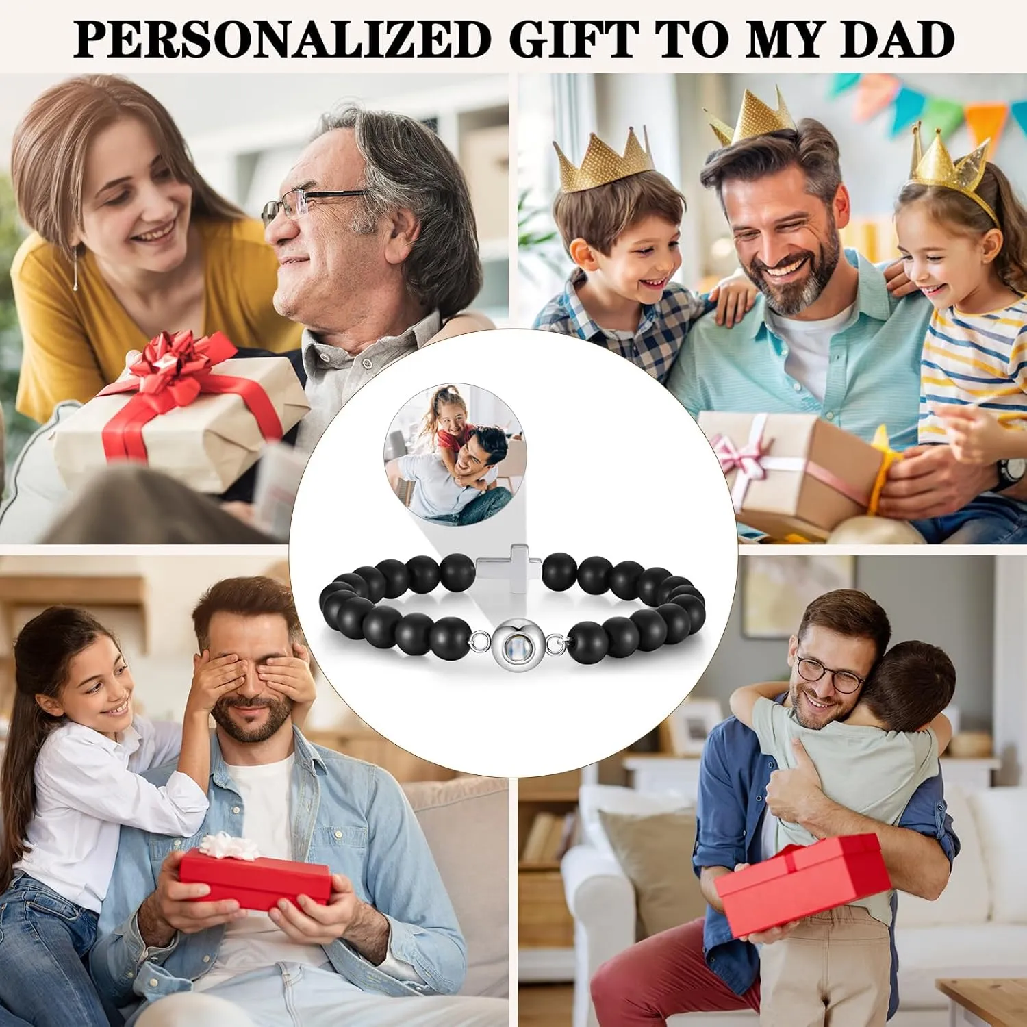 MEALGUET Customized Bracelets with Picture Inside for Men, Black Agate Beads Cross Projection Bracelet Personalized Photo Jewelry, Memorial Gifts for Loved One,Birthday Father Day