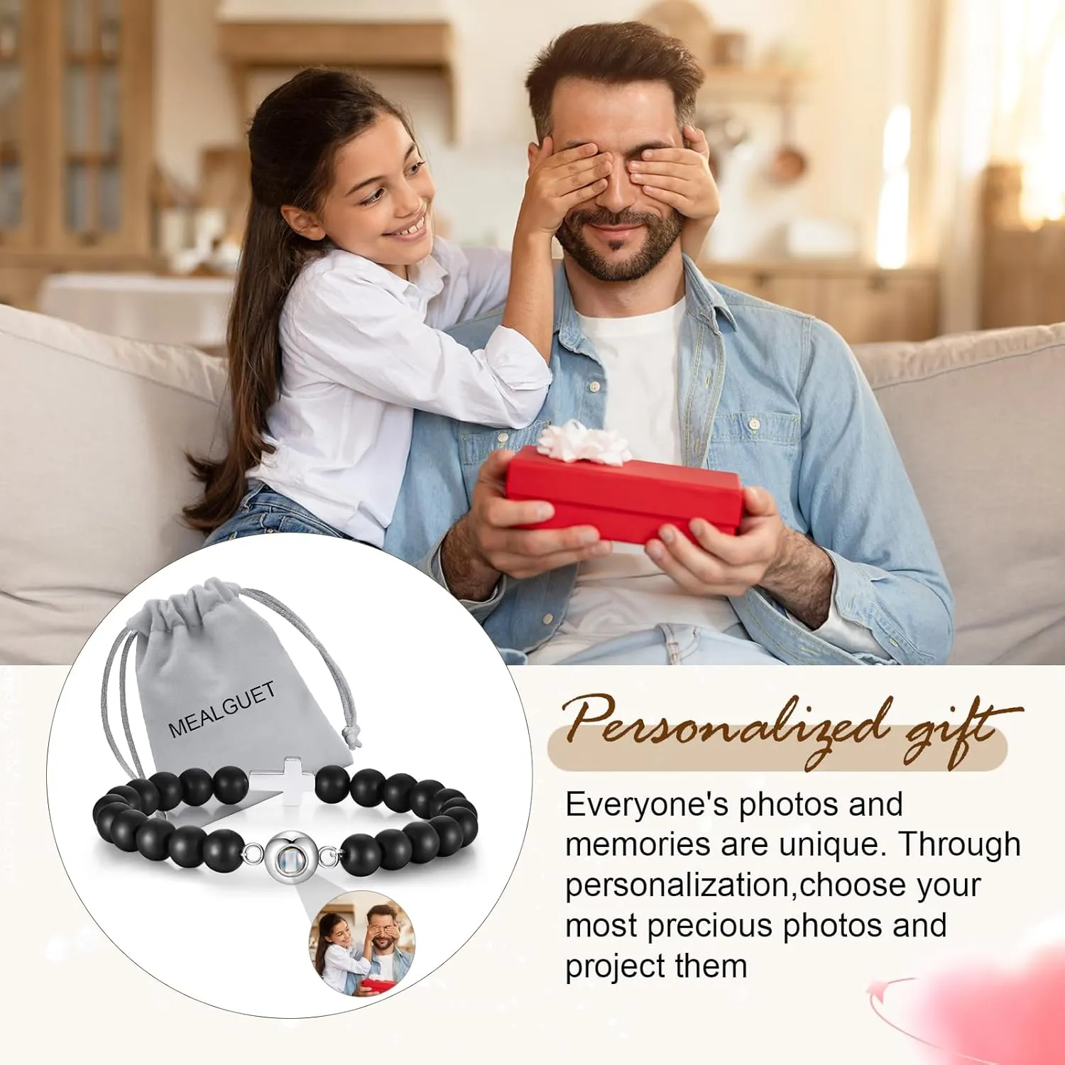 MEALGUET Customized Bracelets with Picture Inside for Men, Black Agate Beads Cross Projection Bracelet Personalized Photo Jewelry, Memorial Gifts for Loved One,Birthday Father Day