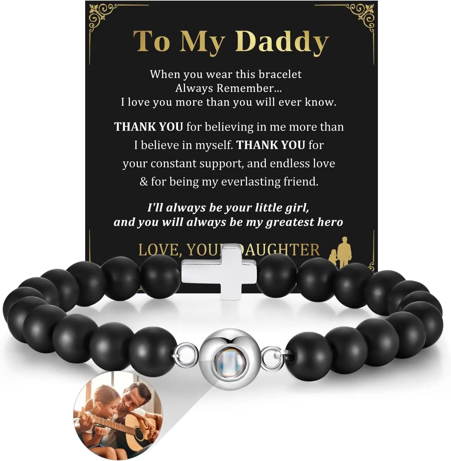 MEALGUET Customized Bracelets with Picture Inside for Men, Black Agate Beads Cross Projection Bracelet Personalized Photo Jewelry, Memorial Gifts for Loved One,Birthday Father Day